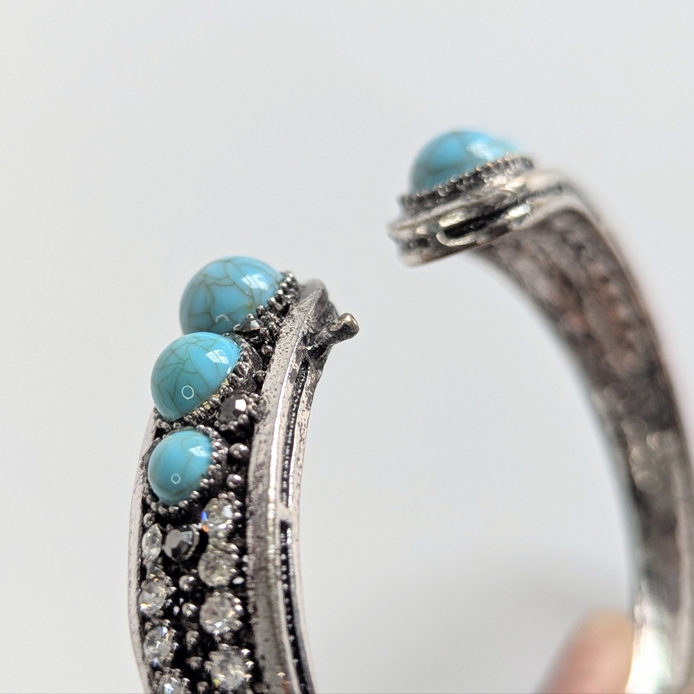 Hinged Antiqued Silver Cuff Bracelet Turquoise Cabochons Rhinestones Metal Beads - Picture 5 of 7